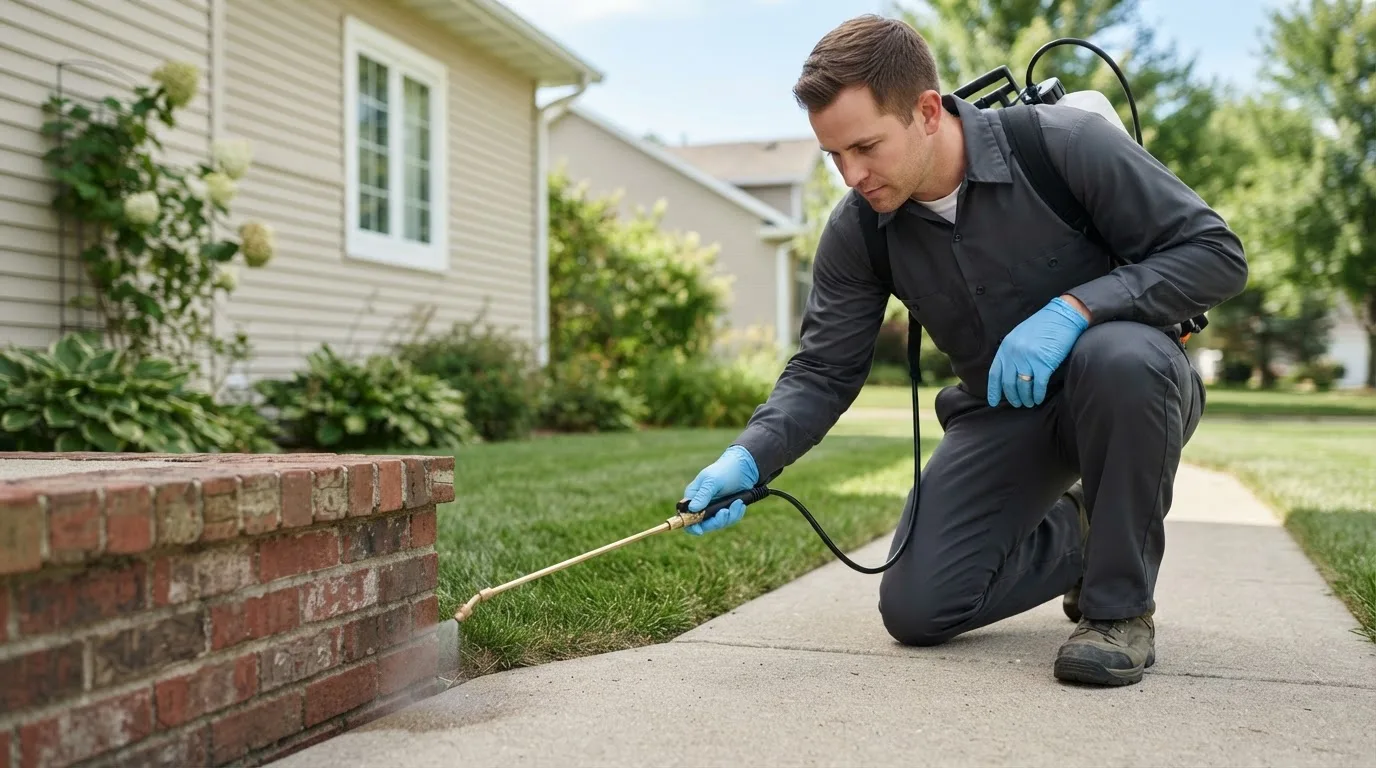 Pest control technician treating a home near Kintyre, ND