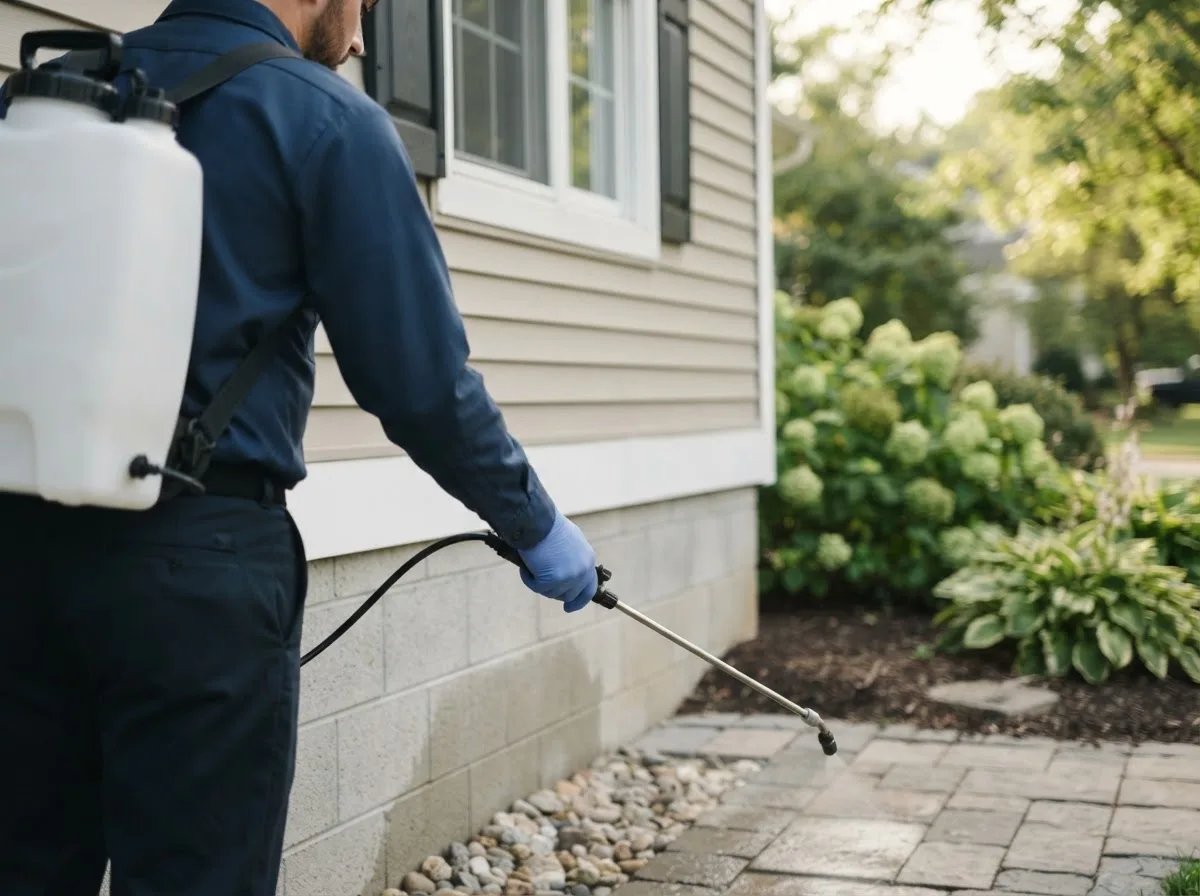 Pest control technician inspecting a home in Kintyre, ND